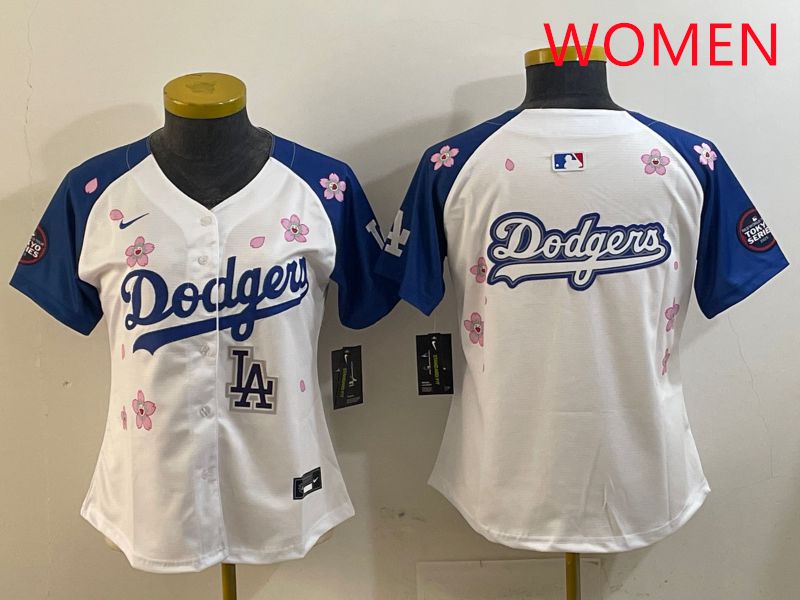 Women Los Angeles Dodgers Blank White Blue Sakura Edition 2025 Nike MLB Jersey style 18->women mlb jersey->Women Jersey